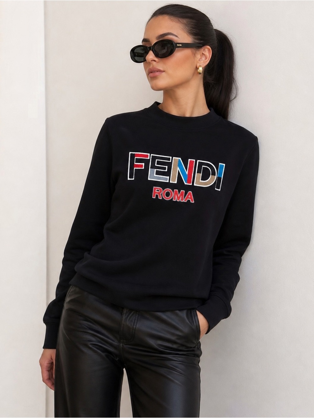 Fendi Roma Black Logo Sweatshirt Women’s M NWT Embroidered Crewneck